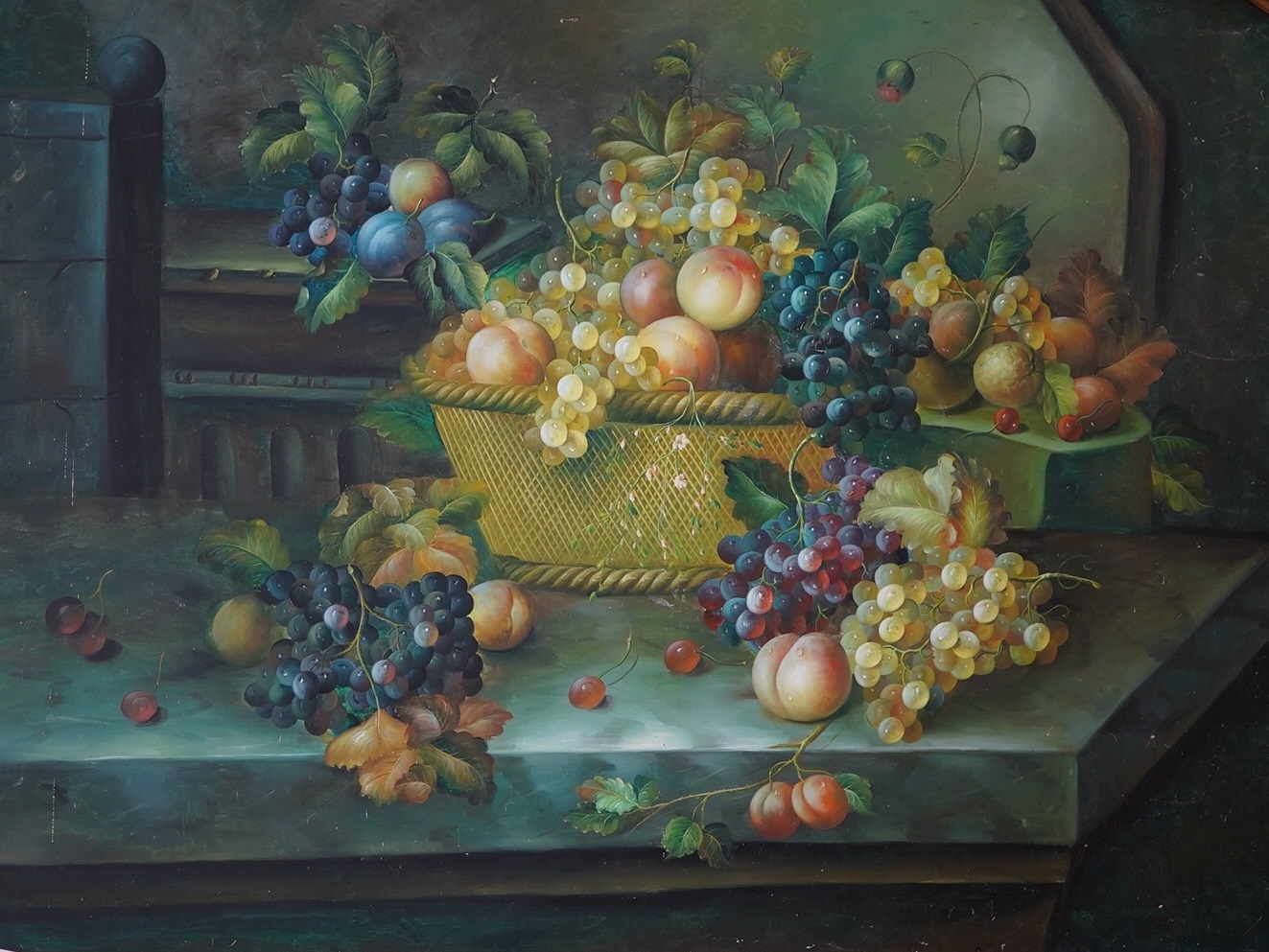 20th century, Dutch style, set of three oils on canvas, Still life scenes of flowers and fruit, unsigned, each 92 x 121cm, unframed. Condition - fair